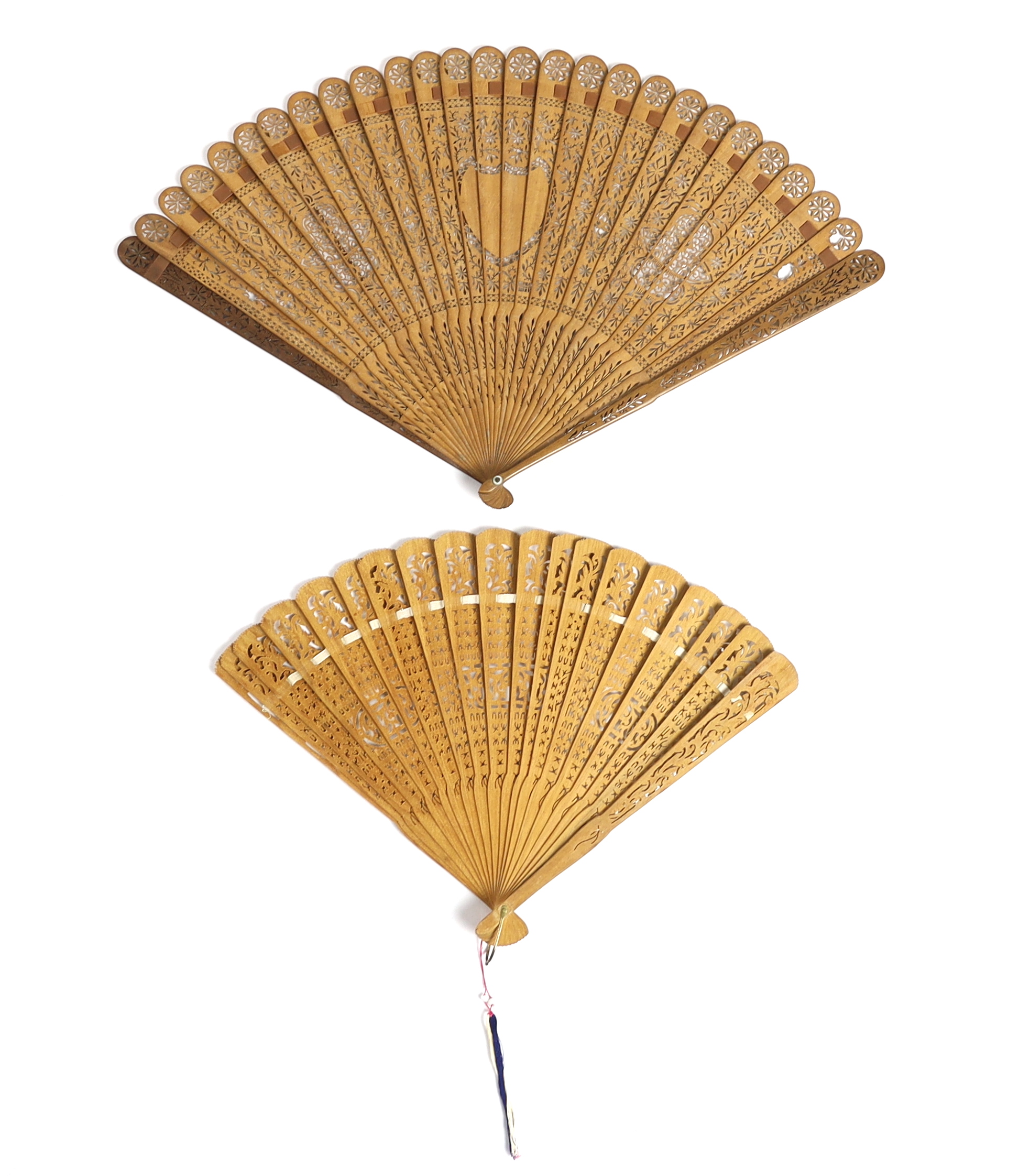 A 19th century Chinese sandalwood brisé fan and a smaller 20th century Chinese sandalwood fan